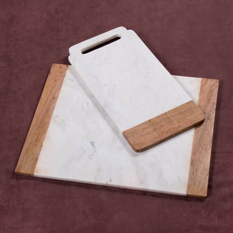 Creative Home Off-White Marble with Mango Wood Pastry Cheese Board Set (Set of 2)