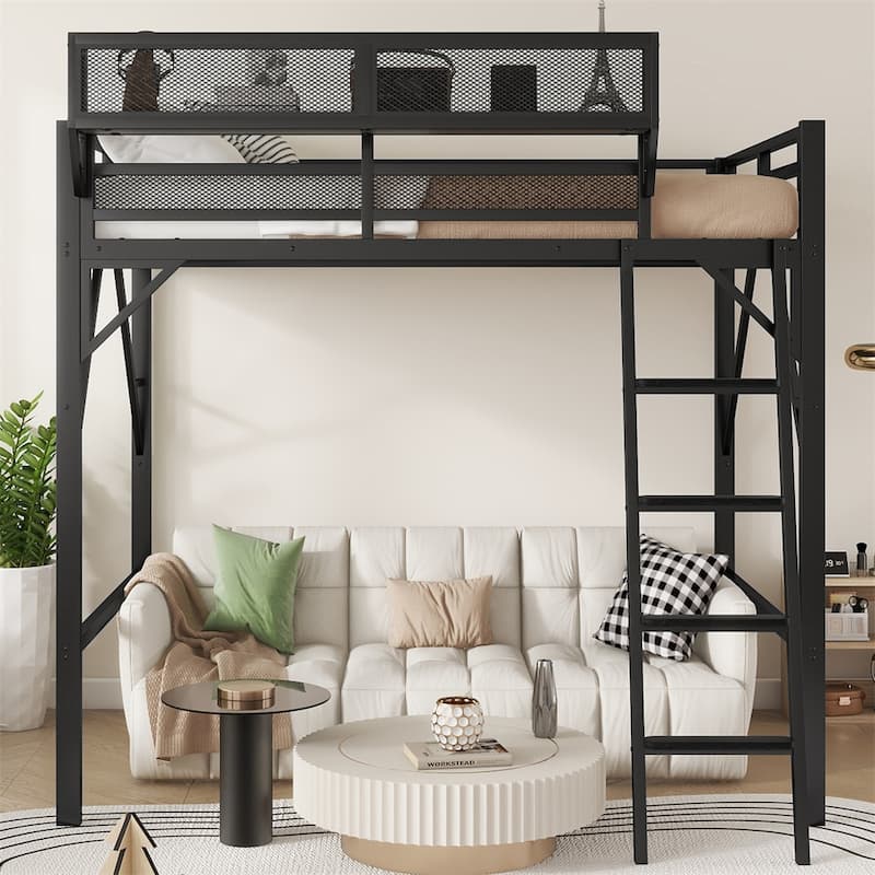 Full Size Loft Bed with Ladder,Metal Full Loft Bed w/Storage Shelves