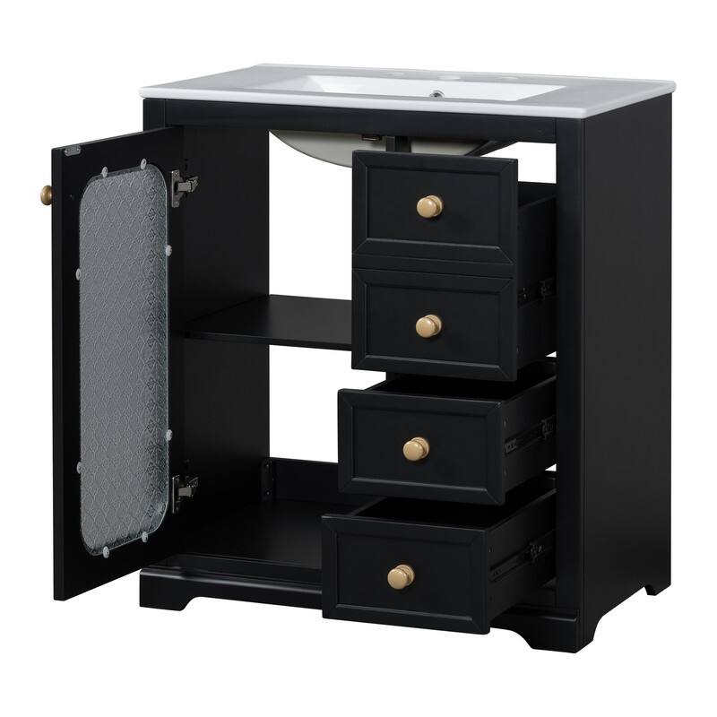 30''/36'' Bathroom Vanity with Sink, 3 Drawers Bathroom Storage Cabinet with Soft-Close Glass Door and Adjustable Shelf
