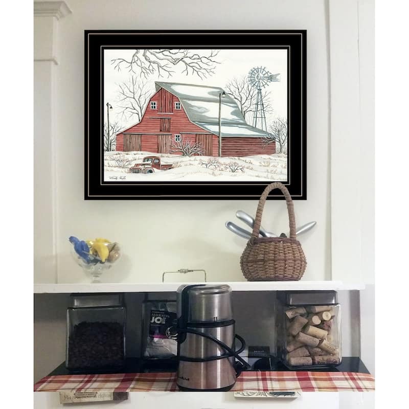 TrendyDecor4U Farmhouse "Winter Barn with Pickup Truck" Framed Print Wall Art by Cindy Jacobs