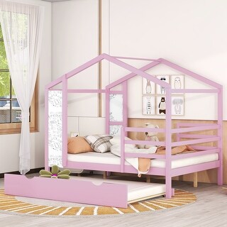 Pink Full Size Solid Wood House Bed with Trundle and Writing Board for Kids