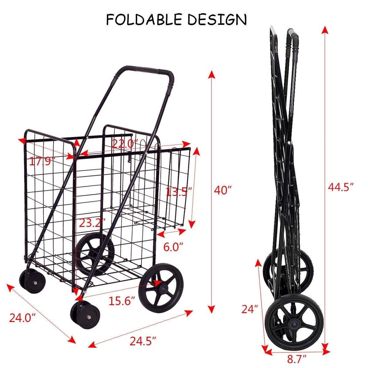 Folding Shopping Cart Jumbo Basket Grocery Laundry Travel w/ Swivel Wheels New 