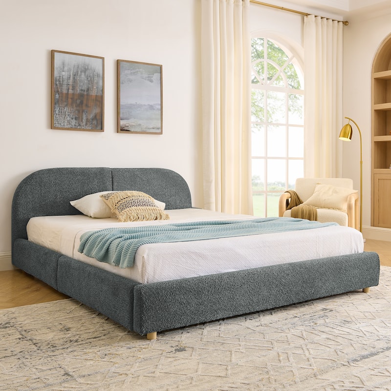 Fabric Upholstered Platform Bed Frame with Curved Headboard/4 Built-in Wheeled Storage Drawers/Sturdy Legs Support/Easy Assembly - Dark Gray - Queen