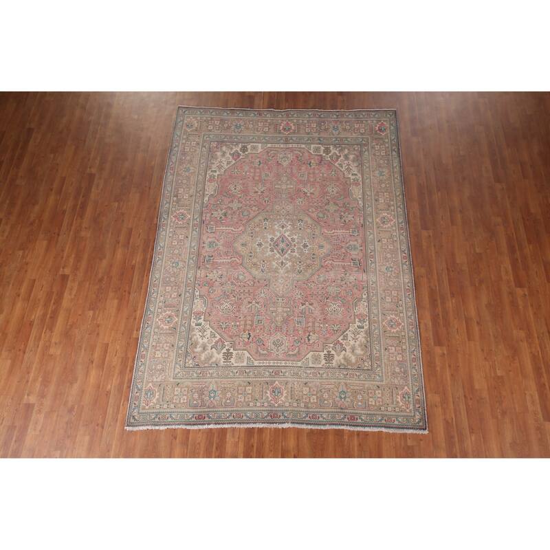Pink Tabriz Persian Vintage Rug Hand-Knotted Traditional Wool Carpet - 6'9"x 9'8"