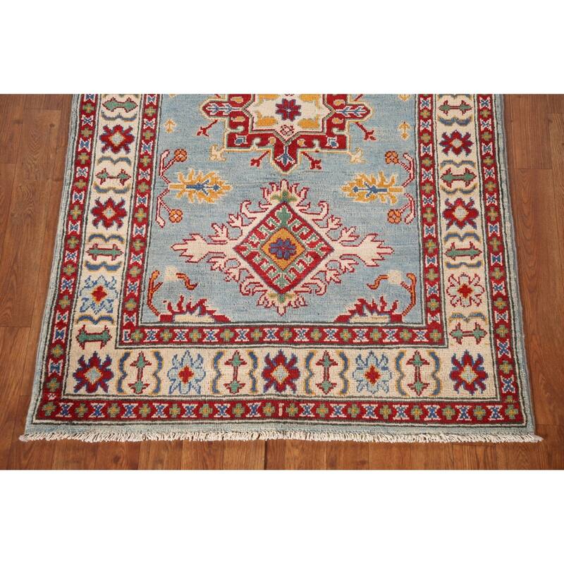 Light Blue Geometric Kazak Oriental Accent Rug Handmade Wool Carpet - 3'3"x 5'1"