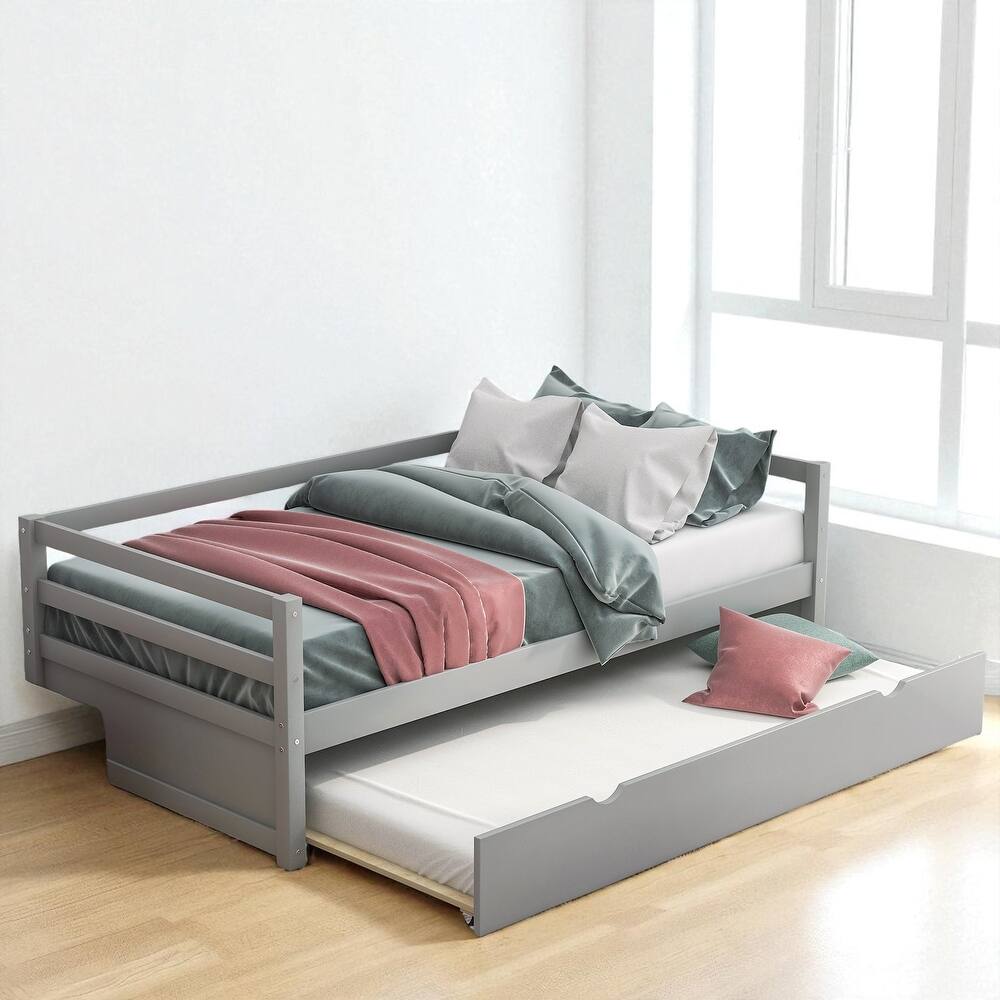 Twin Size Wood Daybed with Trundle, Solid Pine Frame, Guardrails and No Box Spring Required