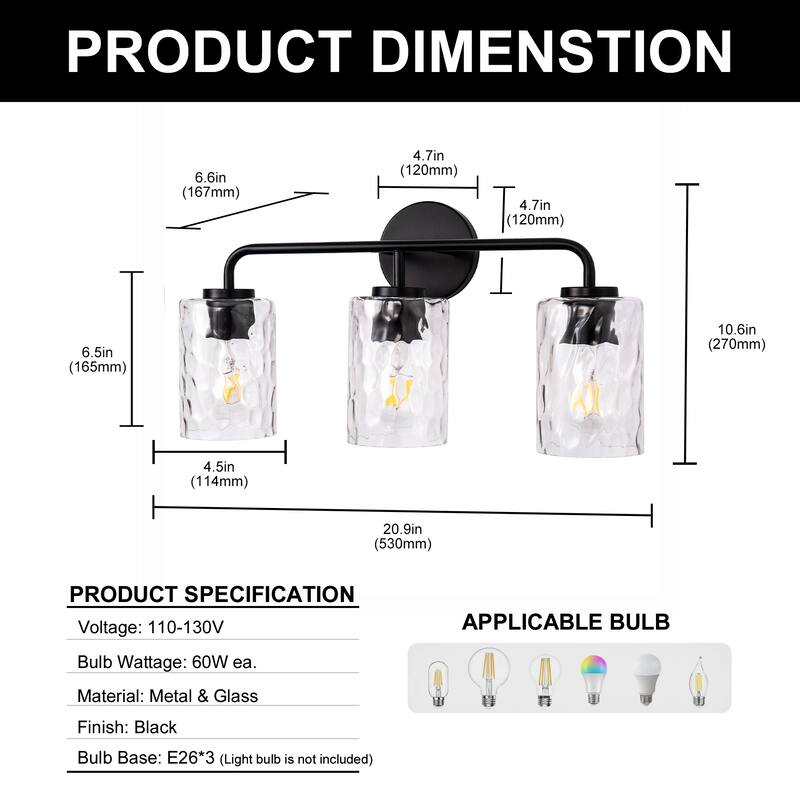 YANSUN 3-Light Vanity Light, Round Wall Base, Black Finish, Water Wave Cylindrical Glass Shades, E26 Sockets - 20.9*6.6*10.6