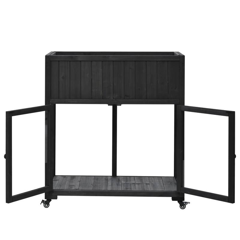 Patio 35.4x17.7x37.4 Mini Wood Cold Frame, Compact 2 Doors Garden Greenhouse with Wheels, Raised Bed with Liner