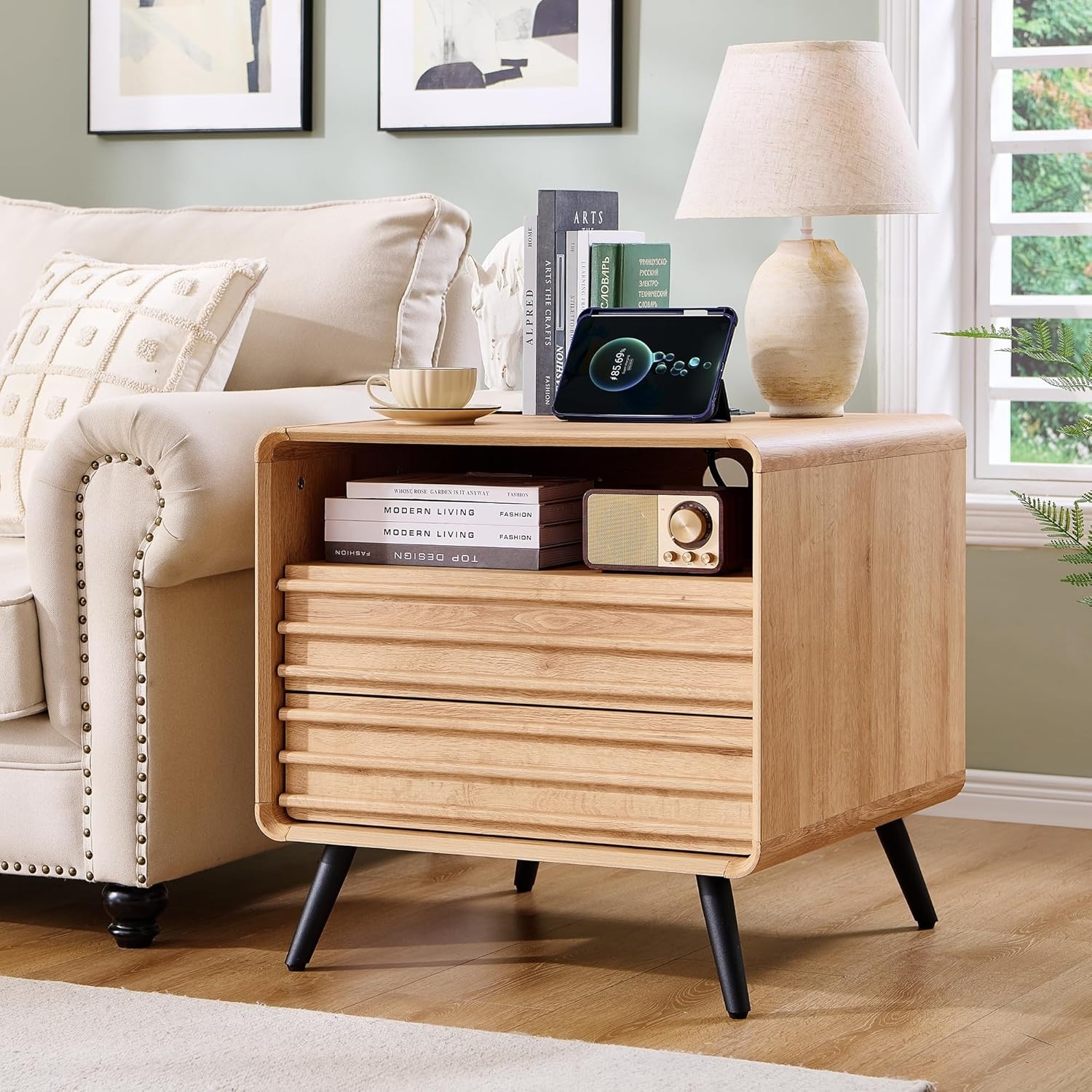 Luxurious Oval Nightstand with Plush Upholstery and Sparkling Knobs for Bedroom