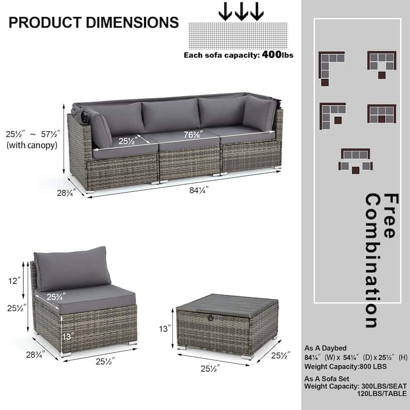 EROMMY 6-Piece Patio Furniture Set, Rattan Daybed with Canopy and Adjustable Backrest