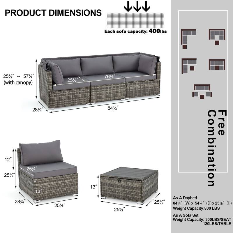Erommy 6-Piece Patio Set - Rattan Daybed with Canopy & Adjustable Backrest