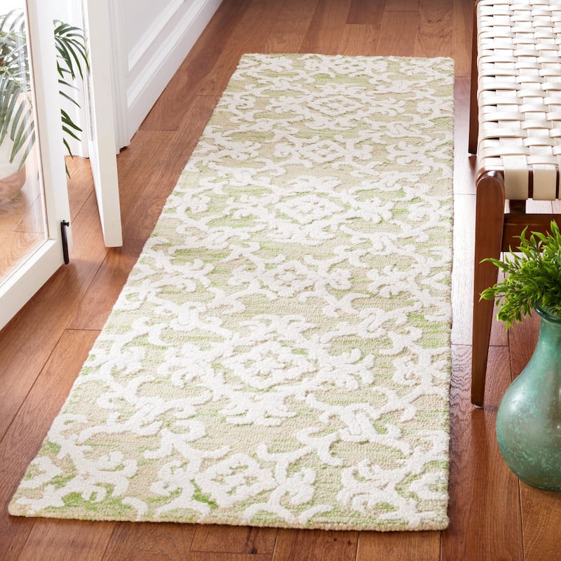 SAFAVIEH, Handmade Blossom Vesela Modern Floral Wool Rug - 2'3" x 8' Runner - Light Green/Ivory
