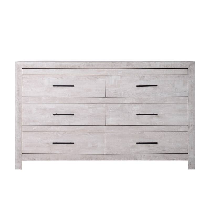 Bisca 63 Inch Wide Dresser, 6 Drawers, Black Handles, Light Gray Wood