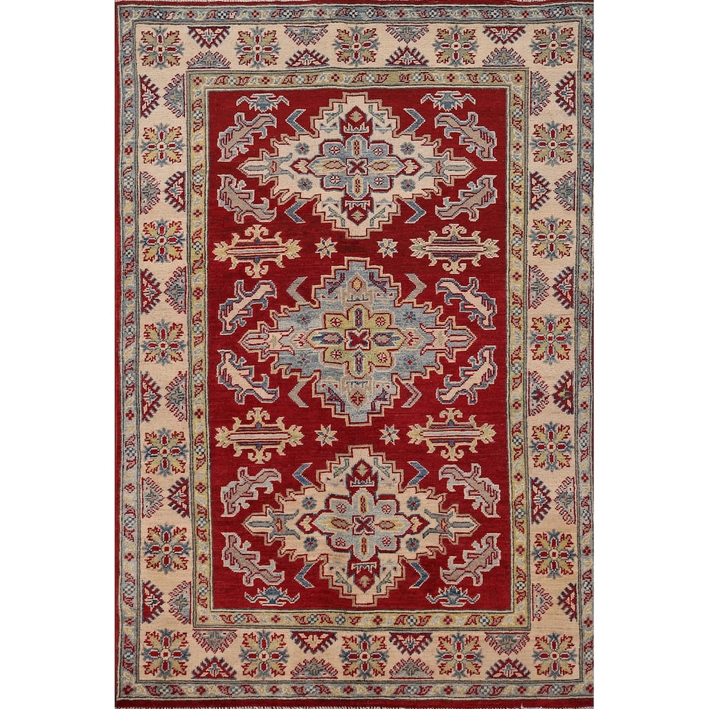 Traditional Red Kazak Area Rug Hand-Knotted Geometric Wool Carpet - 3'11" x 5'9"
