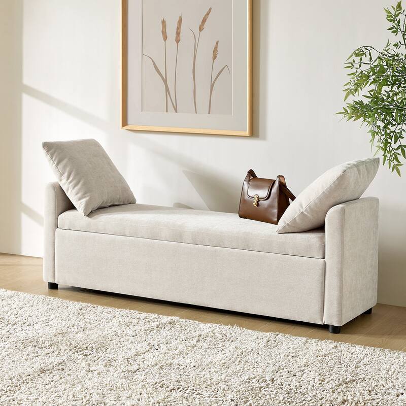 Franco Modern Upholstered Storage Bench with Two Throw Pillows and Thick Padded Cushion - Linen
