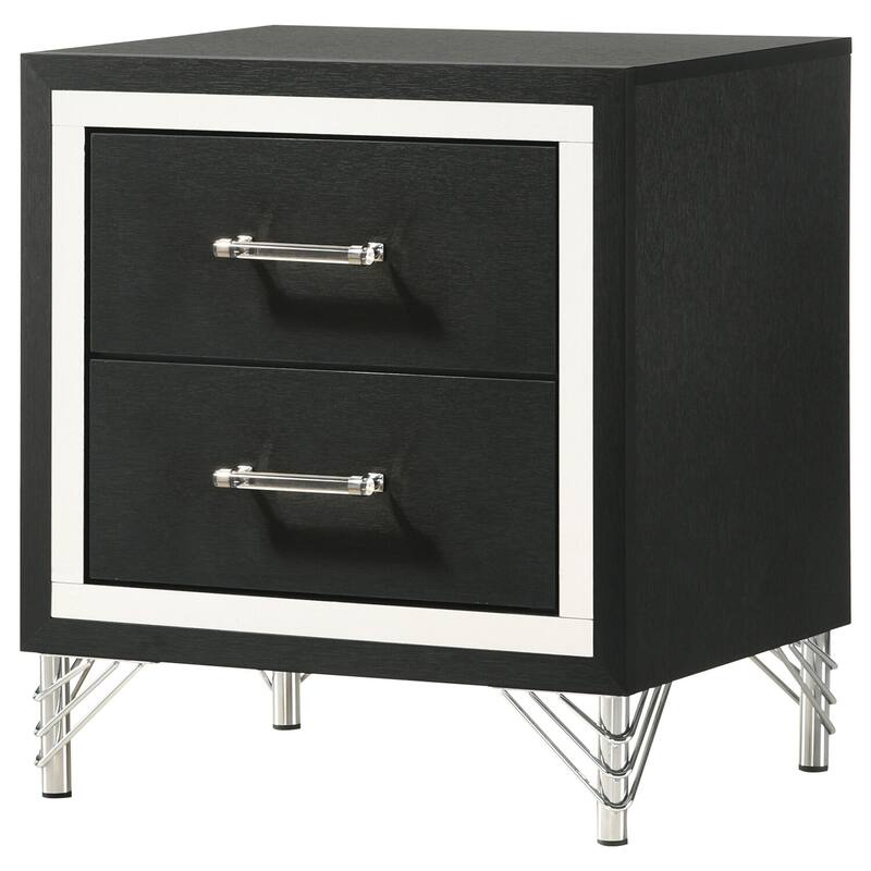 Black 2-Drawer Nightstand with Chrome Trim, Hairpin Legs, Long Bar Pulls and Bold Sophisticated Design
