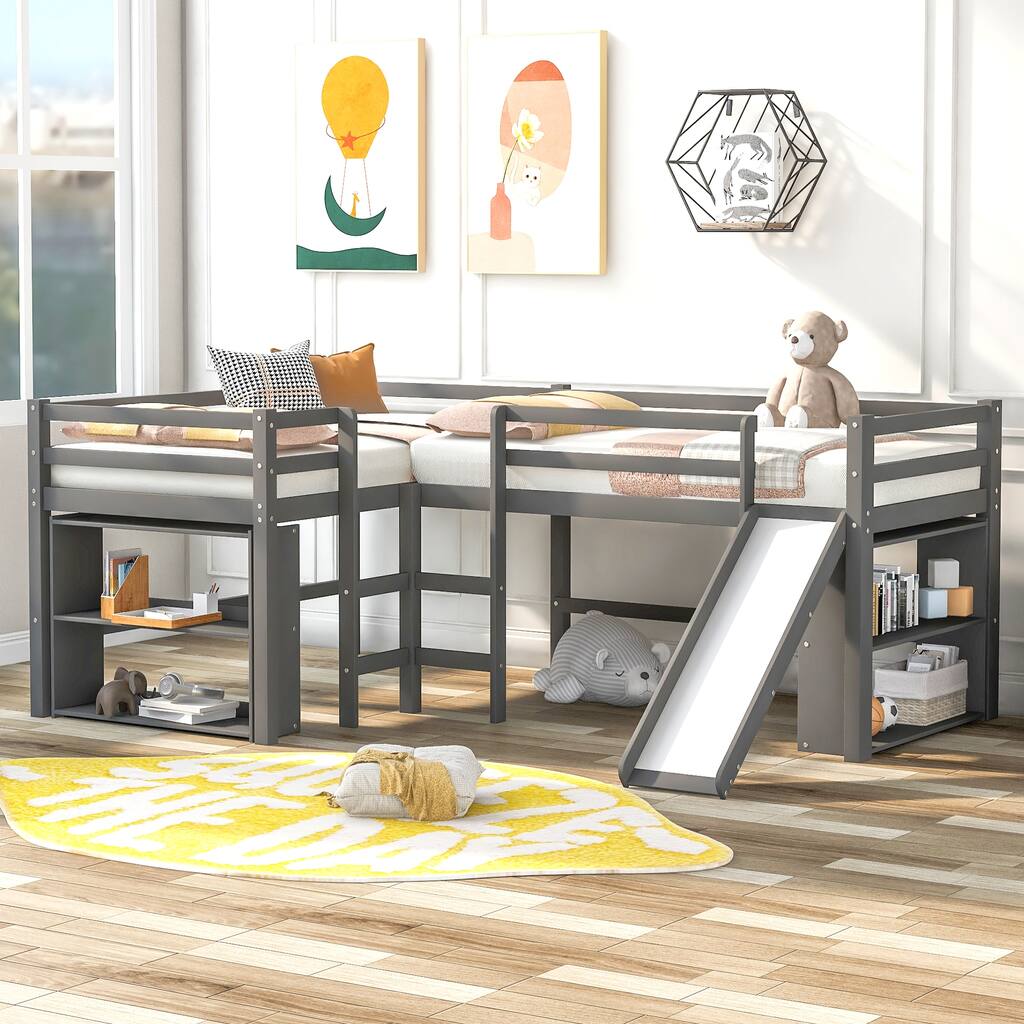 L-Shaped Twin Size Loft Bed with Movable 2-Tier Shelves and Slide