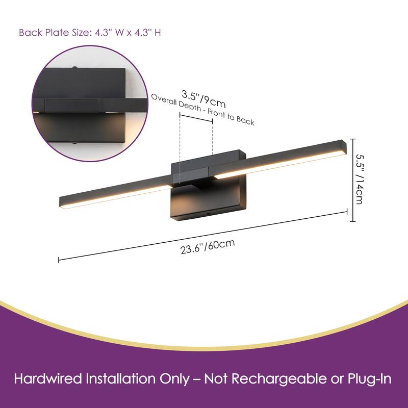 23.6" W Modern Matte Black/Stained Nickel 3000K Dimmable LED Bathroom Vanity Wall Light