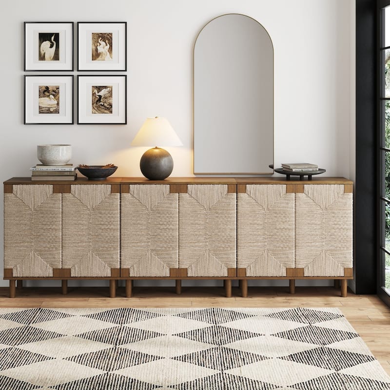 Nathan James Beacon Wood Accent Cabinet with Seagrass Doors and Adjustable Shelf