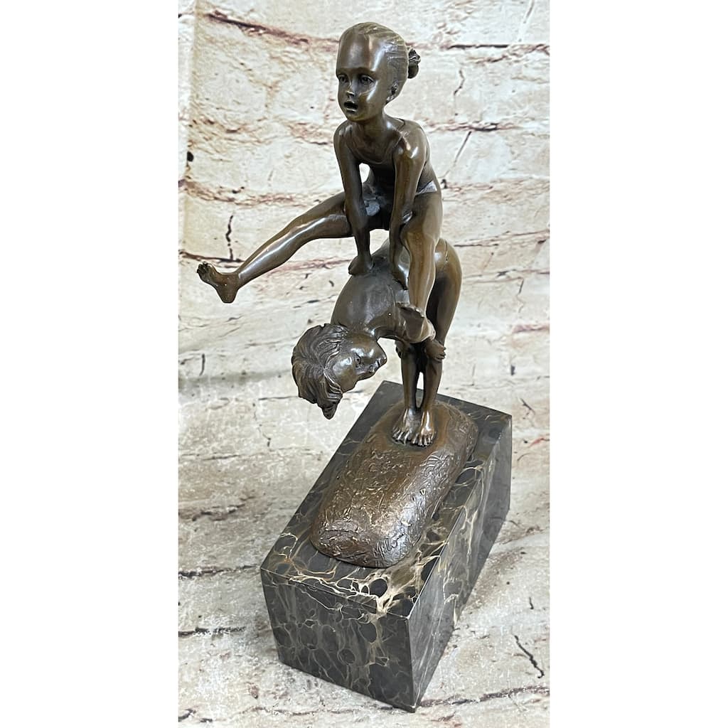 Original Milo Kids Playing Leap Frog Bronze Sculpture Hot Cast Marble Base Decor