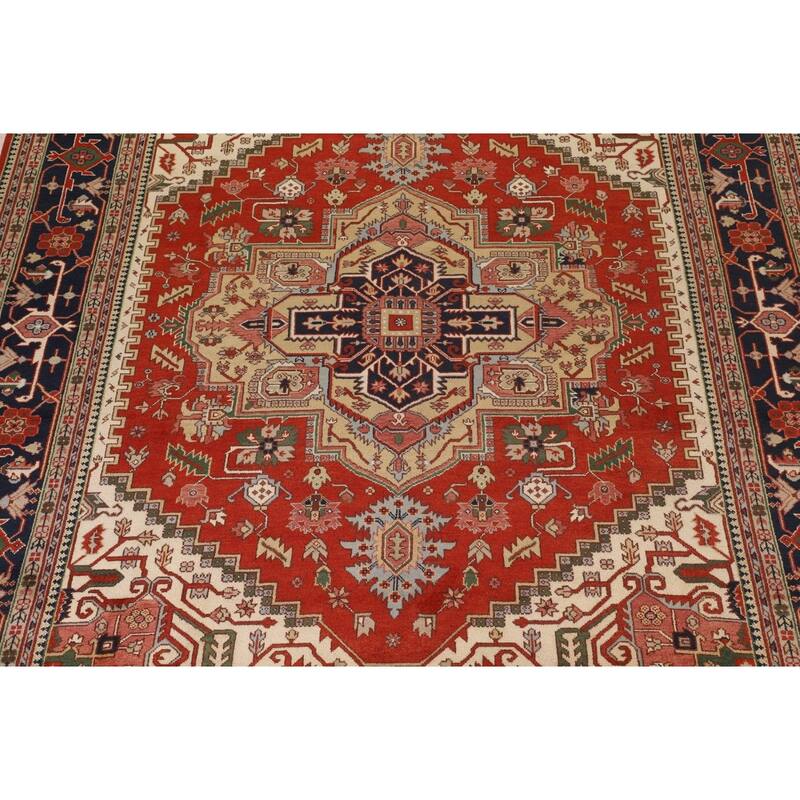 Orange Geometric Heriz Serapi Indian Large Rug Handmade Wool Carpet - 11'11" X 14'10"