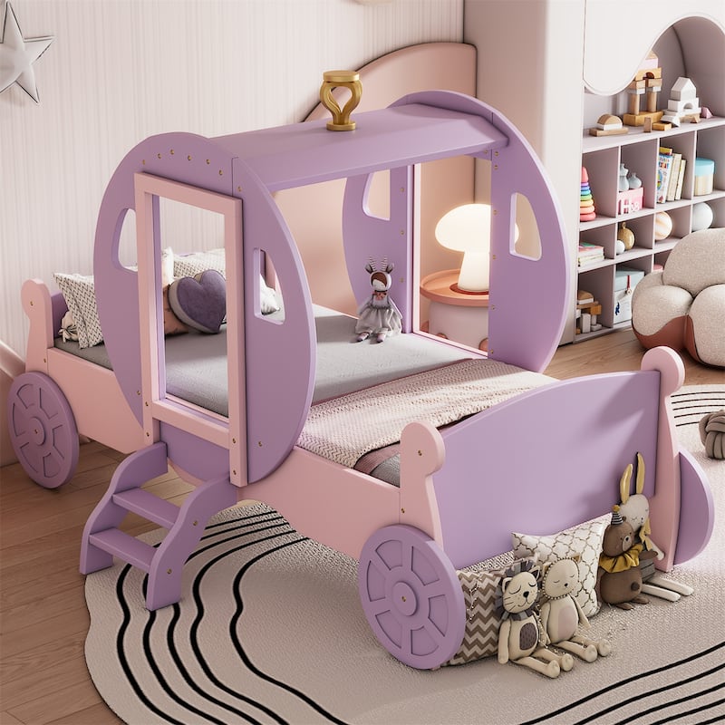 Twin Size Princess Carriage Wood Platform Car Bed with Crown and Stair