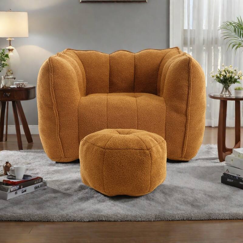 Chenille Bean Bag Chair Sets with Footstool and High-Resilience Foam - Khaki+yellow