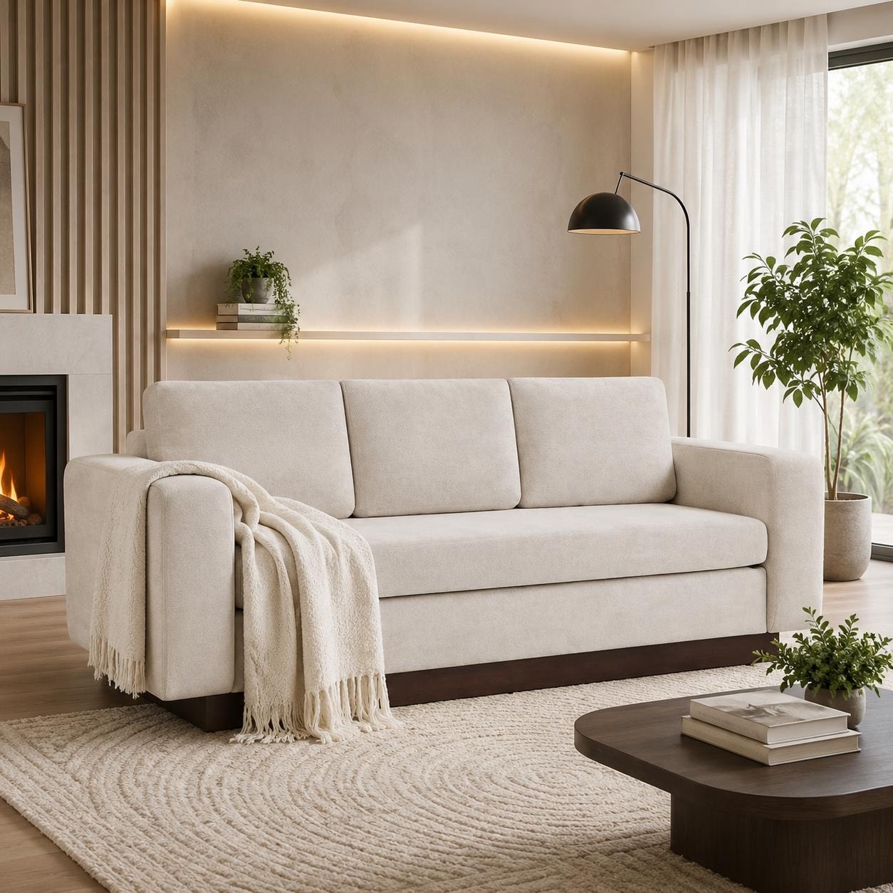 Modern Minimalist 3-Seater Chenille Sofa with Solid Rubber Wood Platform Base by Harper&Bright Designs