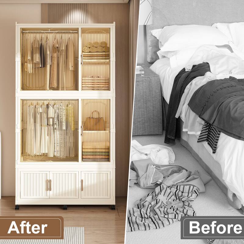Portable Wardrobe Closet with 9 Magnetic Doors, 9 Cubes, 2 Hanging Rods, 6 Hangers & Wheels, Plastic Storage Organizer