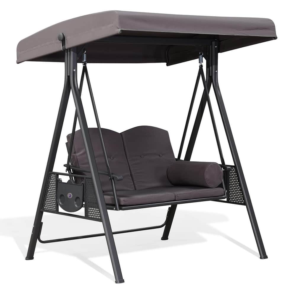 PURPLE LEAF Outdoor Patio Porch Swing with Stand, 2-seat Swing Chair with Adjustable Tilt Canopy All-Weather Steel Frame