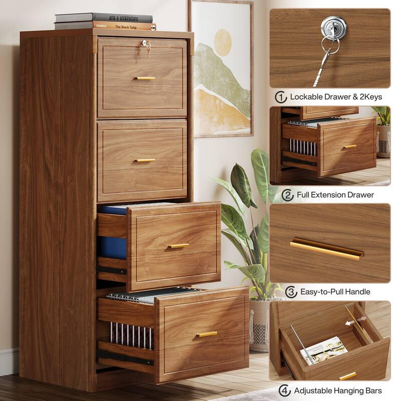 4-Drawer File Cabinet with Lock and Key, Vertical Wooden Filling Cabinet for A4/Letter/Legal Size Files
