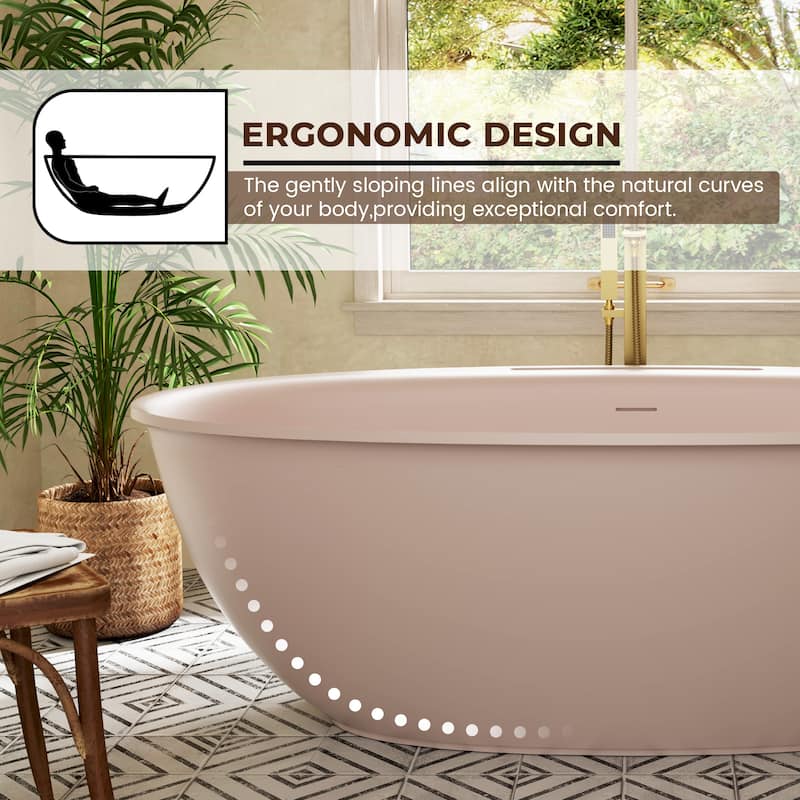 Luxury Flatbottom Solid Surface Freestanding Soaking Bathtub with Discreet Towel Slot and Drain Assembly