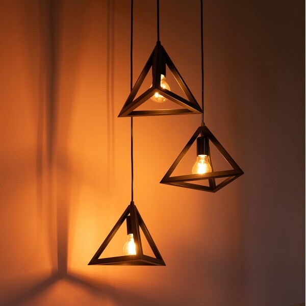 Set of 3 Quickway Imports Modern Black Chandelier 3 Bulb Triangle Shaped Ceiling Hanging Light Fixture for Living Room Bedroom and Dining Room