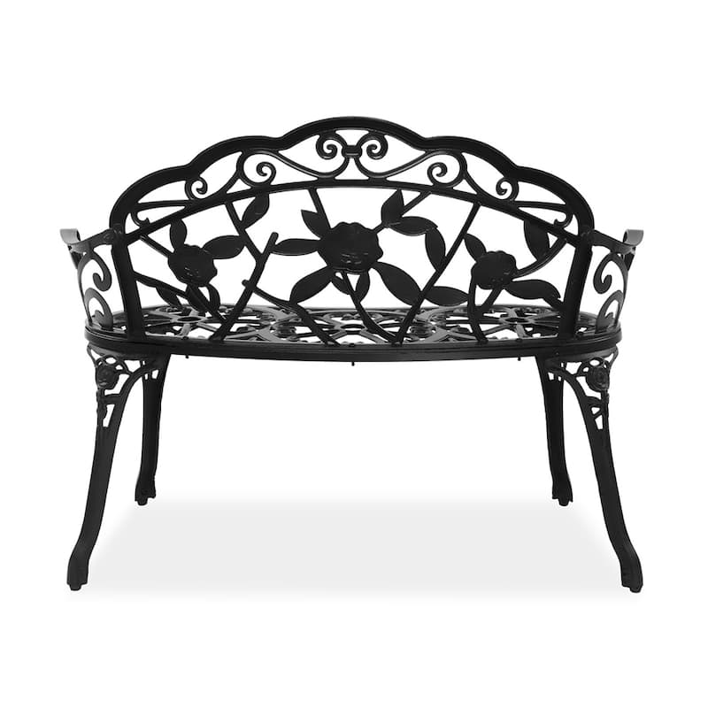 Outdoor Cast Aluminum Patio Bench with Curved Legs Rose Pattern