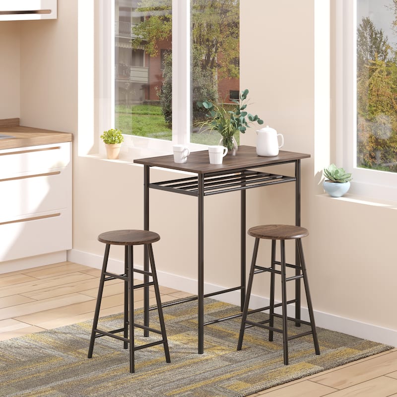 3-Piece Space-Saving Modern Bar Table and Stools Set with 2 Different Height Footrest for Pub