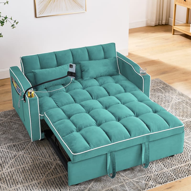 55.51 Inch Foldable Sofa Bed In 3 Lengths,Velvet Pull-out Bed,Adjustable Back,With USB Port And Ashtray And Swivel Phone Stand