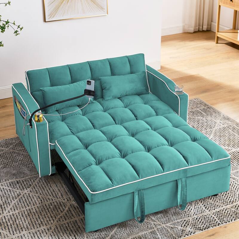 55.51 inch versatile foldable sofa bed in 3 lengths modern sofa velvet pull-out bed, adjustable back USB port swivel phone stand