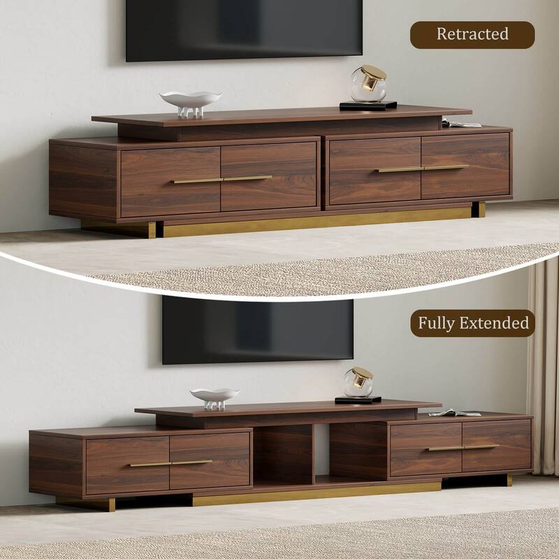 Modern Stainless Steel TV Cabinet with Drawers Expandable Storage Entertainment Center for 100“ TV, Walnut ( 63.4 ”w-94.5 "w)