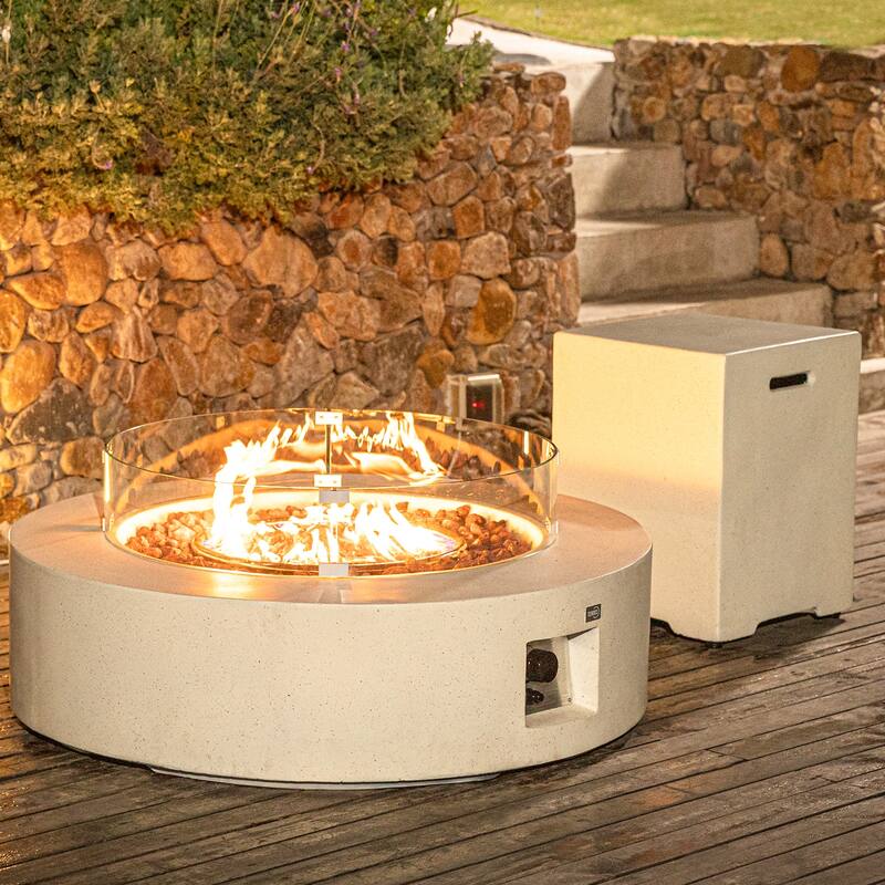 Round Terrazzo Outdoor Firepit with Propane Tank Cover & Wind Guard