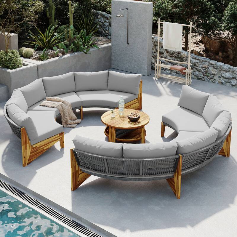 Patio 3 Piece Sofa Conversation Set, 6-Person Outdoor Seating Group w/ Cushions & Coffee Table, Half Moon Patio Furniture Sets - GREY