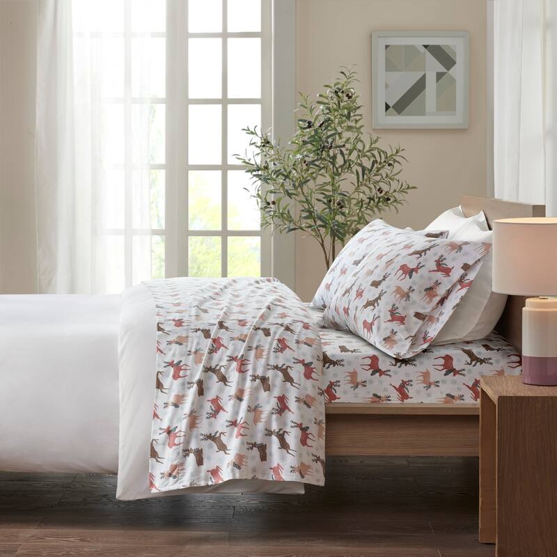Madison Park Cozy Cotton Flannel Printed Sheet Set - King - Reindeer