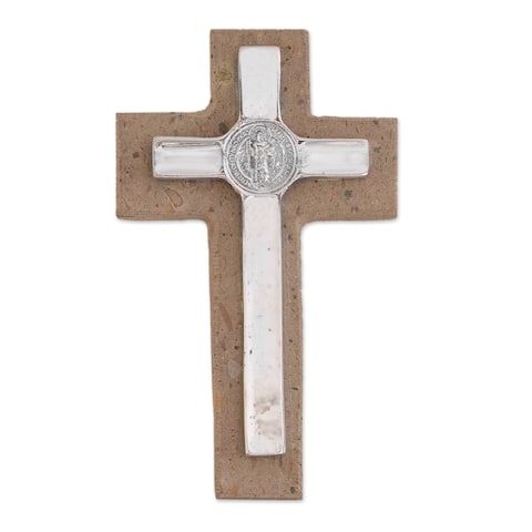 Handmade Saint Benedict Pewter And Reclaimed Stone Wall Cross (Mexico) - 8.25" H x 4.8" W x 1.1" D
