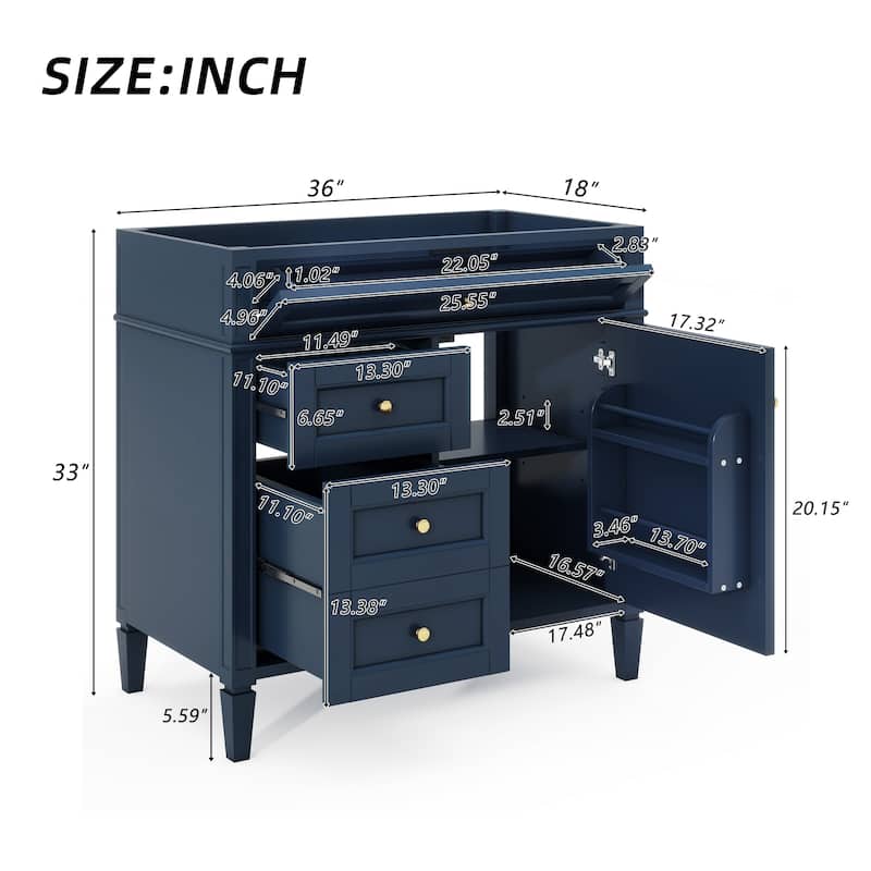 Roomfitters 36" Vanity Base Only, Solid Wood Cabinet with 2 Drawers and Tip-out Tray, Freestanding Bathroom Storage