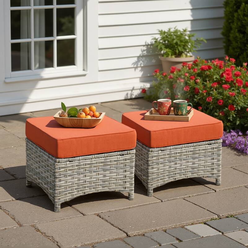 XIZZI Patio Wicker Ottoman with Cushion Outdoor Footrest - Red
