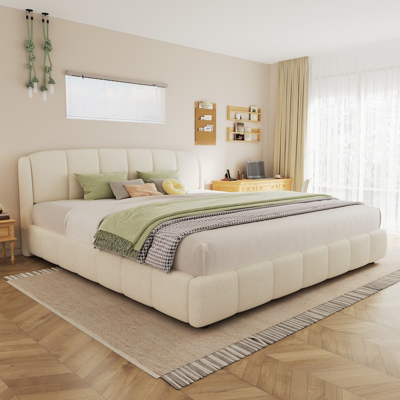 Boucle Fabric Upholstered Bed Frame with Curveshaped Thick Headboard, Soft Fluffy Wingback Bed, Beige Low Profile Platform Bed