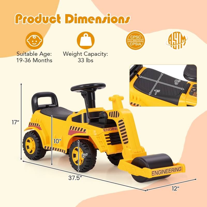 Kids Ride On Road Roller Toy Construction Vehicle with Steering Wheel Engine Sound and Under Seat Storage for Toddlers