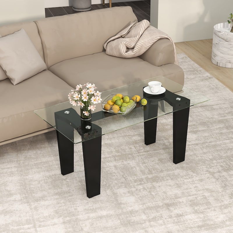 Gymax Rectangle Coffee Table Modern Tempered Glass Top Accent Table