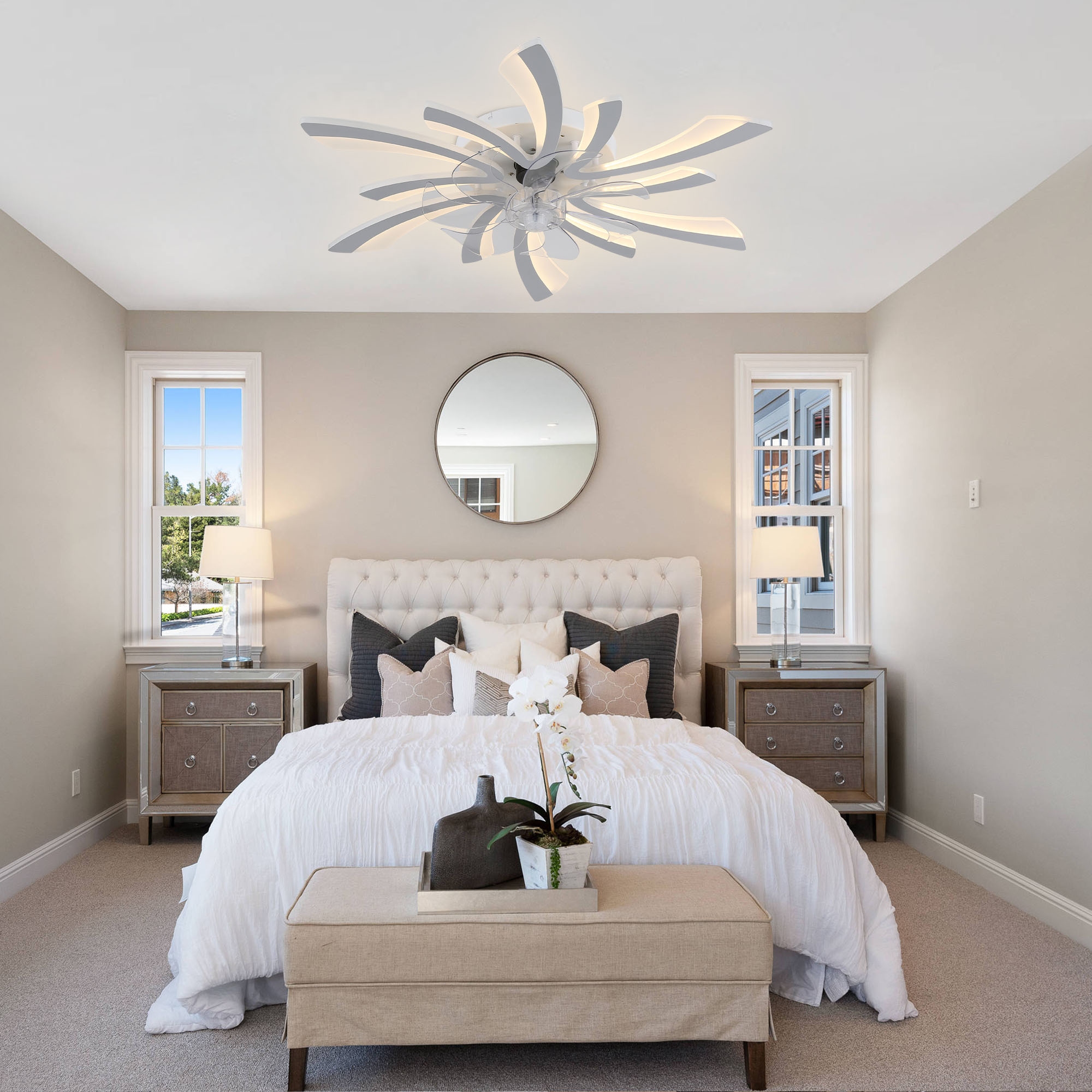 Chichoice 31" Modern Low Profile Flower Ceiling Fan with LED Light, Hidden Blade 6-Speed Flush Mount Fandelier with Remote/App