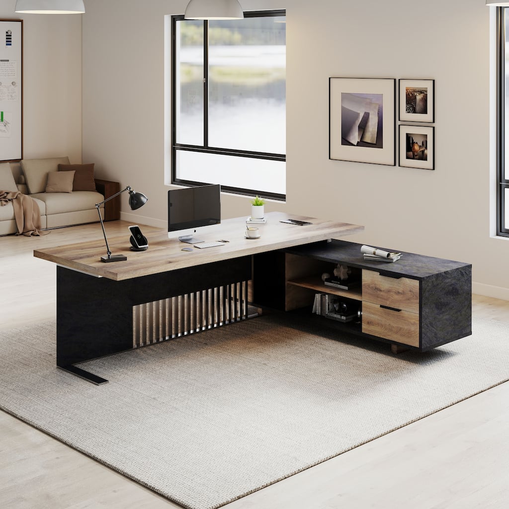 WESOME Large L-Shaped Executive Desk with Drawers Cabinet Cable Management