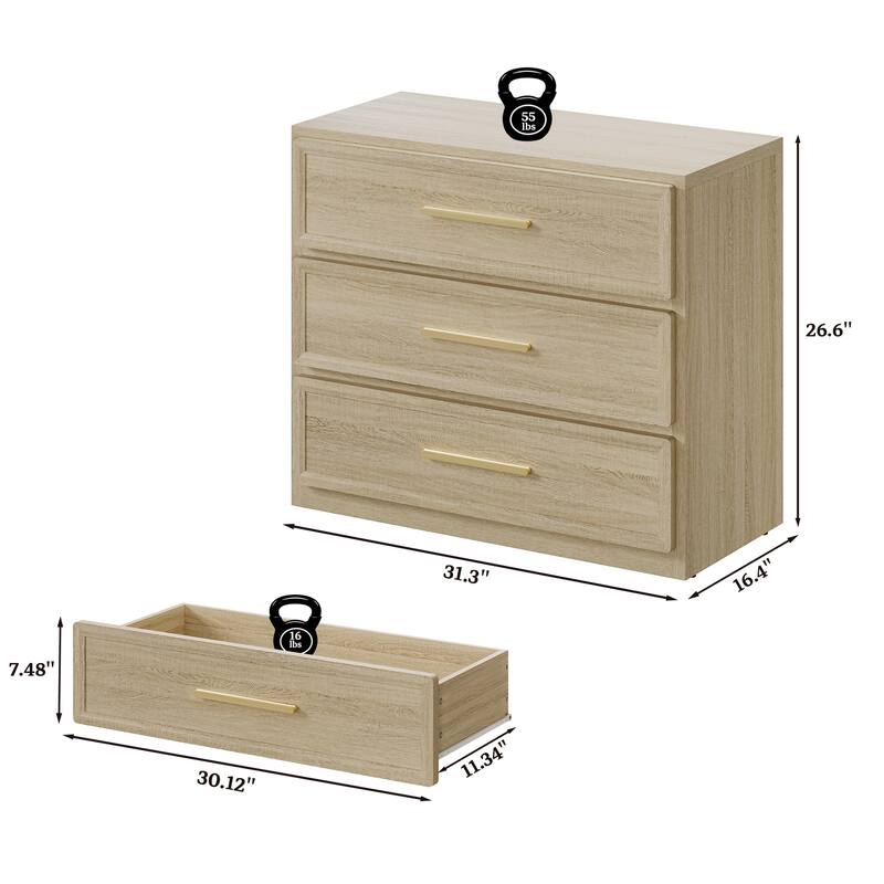 Gold-Accent 3-Drawer Nightstand: Multi-Use for Bedrooms, Guest Rooms & Dressers
